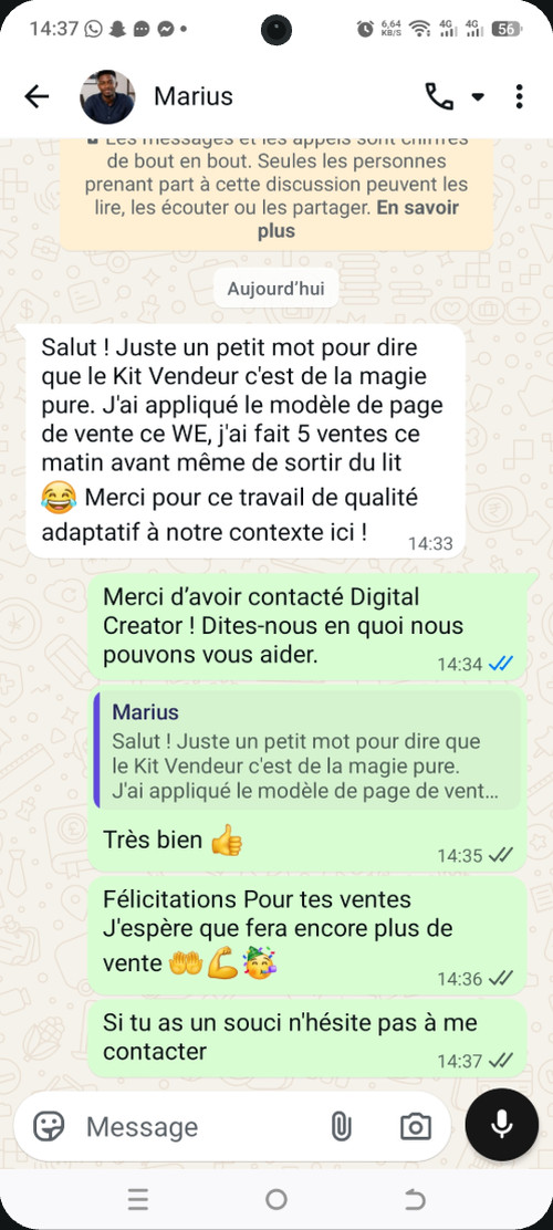 Message WhatsApp d'un client : il a appliqué le modèle de page de vente du kit.
